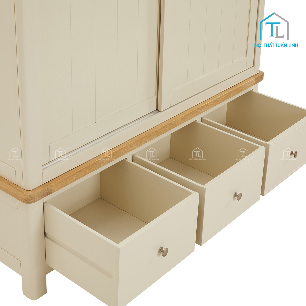 Tủ quần áo cửa lùa gỗ công nghiệp MDF sơn kem 2 cánh trượt kèm 3 ngăn kéo