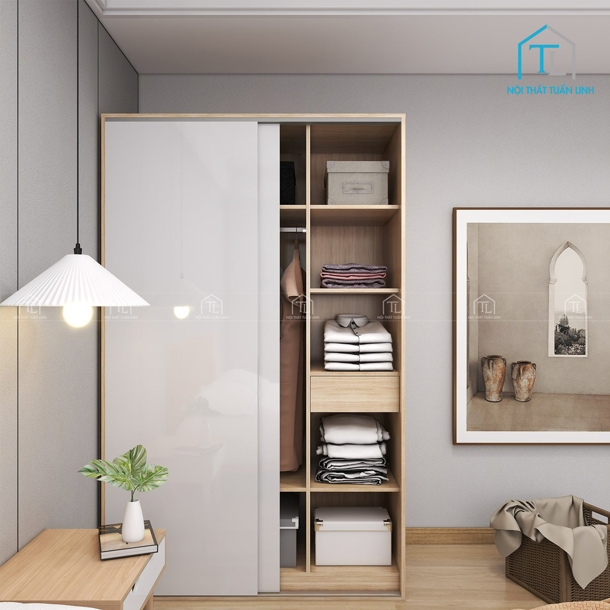 Tủ quần áo cửa lùa gỗ công nghiệp phủ trắng bóng phối vân sồi hiện đại