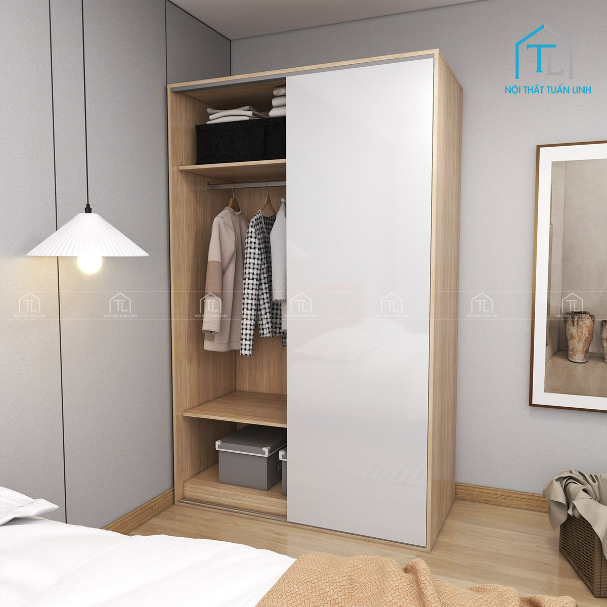 Tủ quần áo cửa lùa gỗ công nghiệp phủ trắng bóng phối vân sồi hiện đại