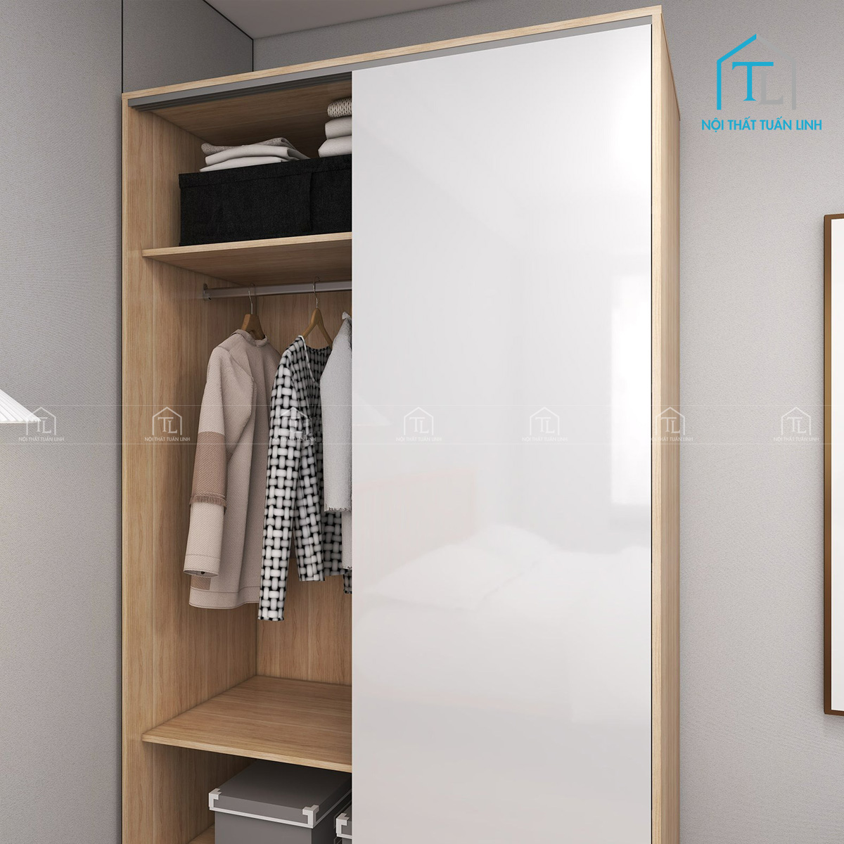 Tủ quần áo cửa lùa gỗ công nghiệp phủ trắng bóng phối vân sồi hiện đại