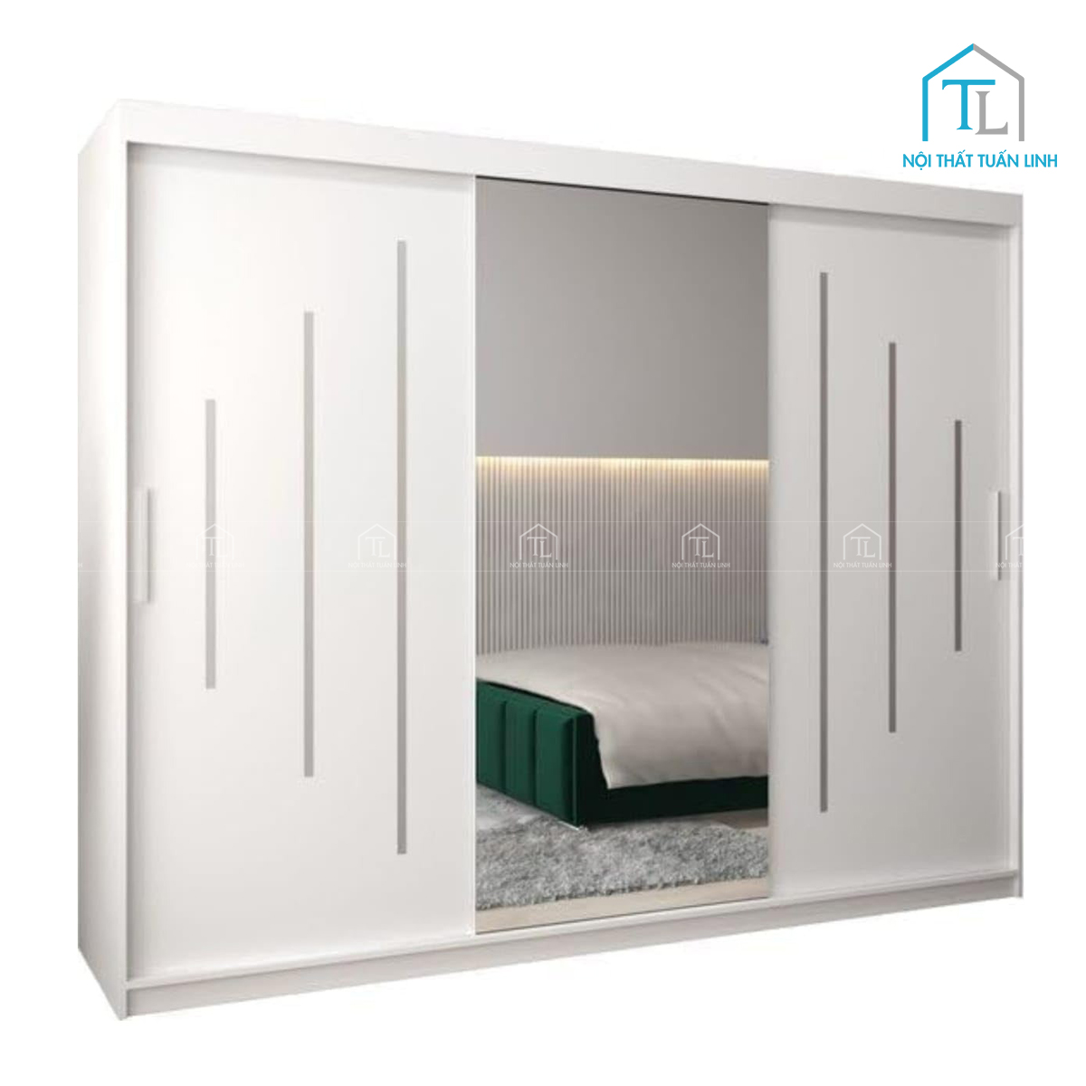 Tủ quần áo cửa lùa gỗ MDF có gương thiết kế hiện đại màu trắng cho phòng ngủ