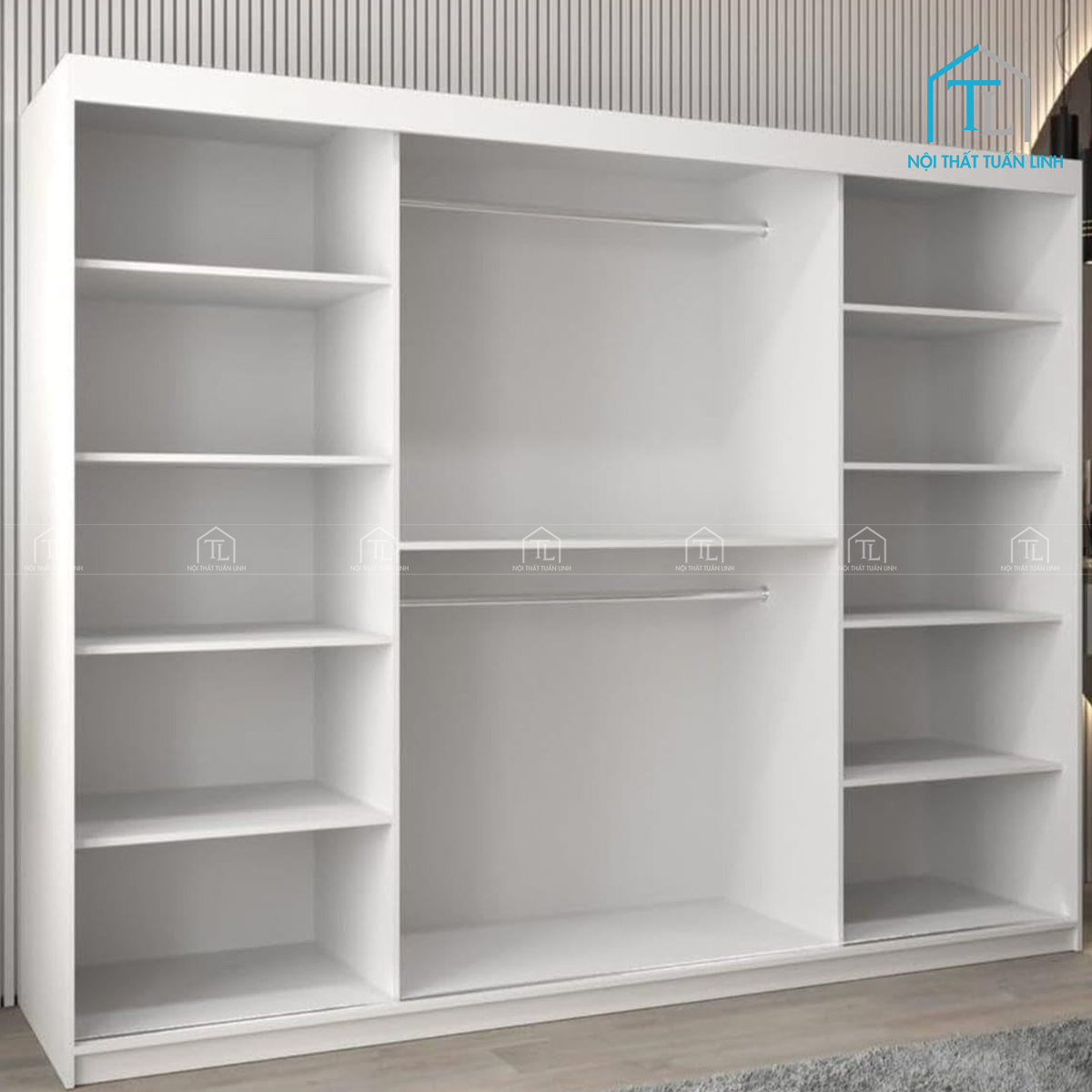 Tủ quần áo cửa lùa gỗ MDF có gương thiết kế hiện đại màu trắng cho phòng ngủ