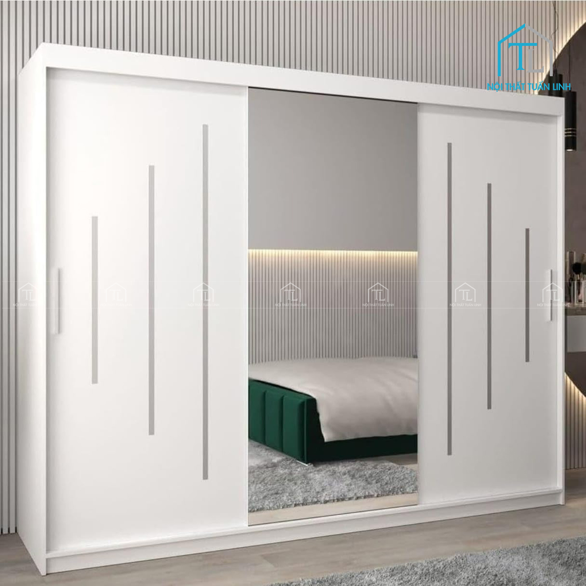 Tủ quần áo cửa lùa gỗ MDF có gương thiết kế hiện đại màu trắng cho phòng ngủ