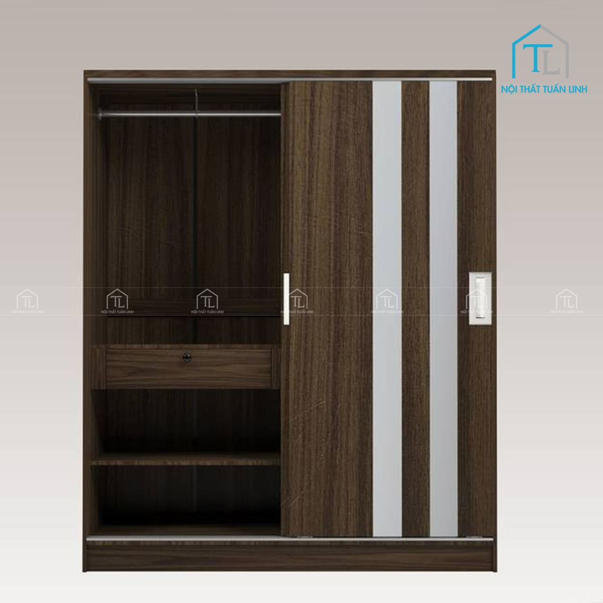 Tủ quần áo cửa lùa gỗ MDF màu óc chó thiết kế hiện đại 2 cánh