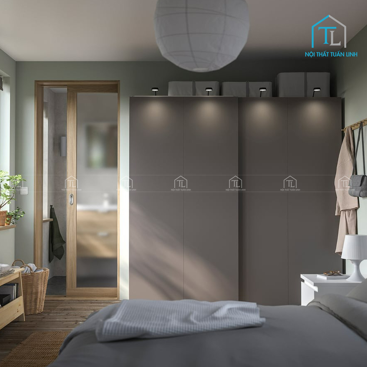 Tủ quần áo cửa lùa gỗ MDF màu xám đậm 2 cánh