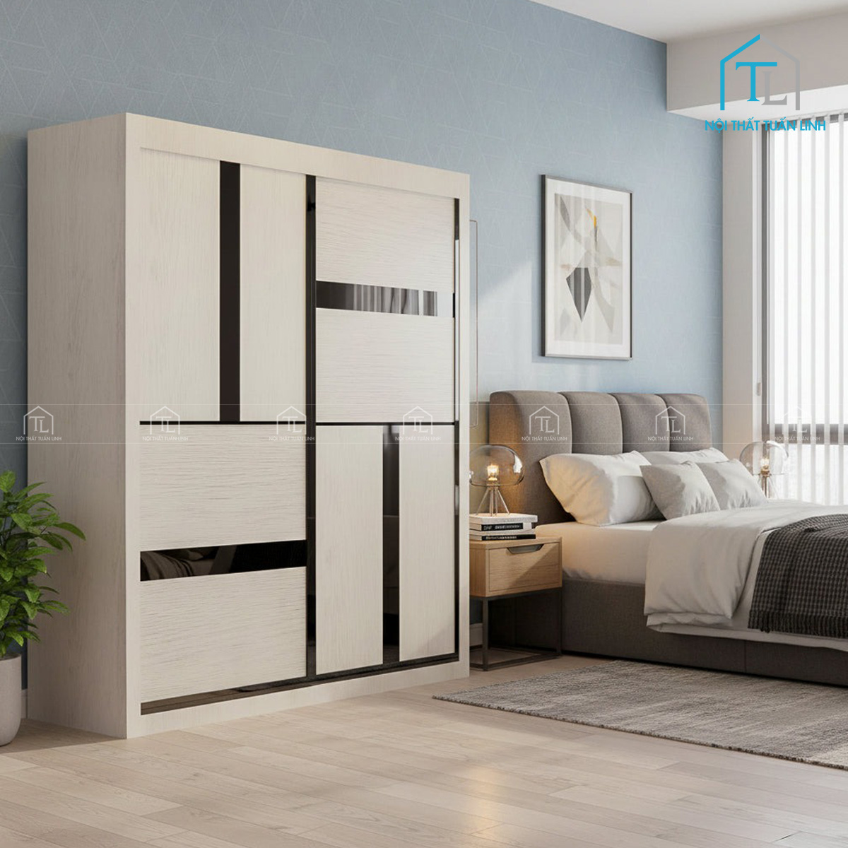 Tủ quần áo cửa lùa gỗ MDF thiết kế hiện đại vân gỗ