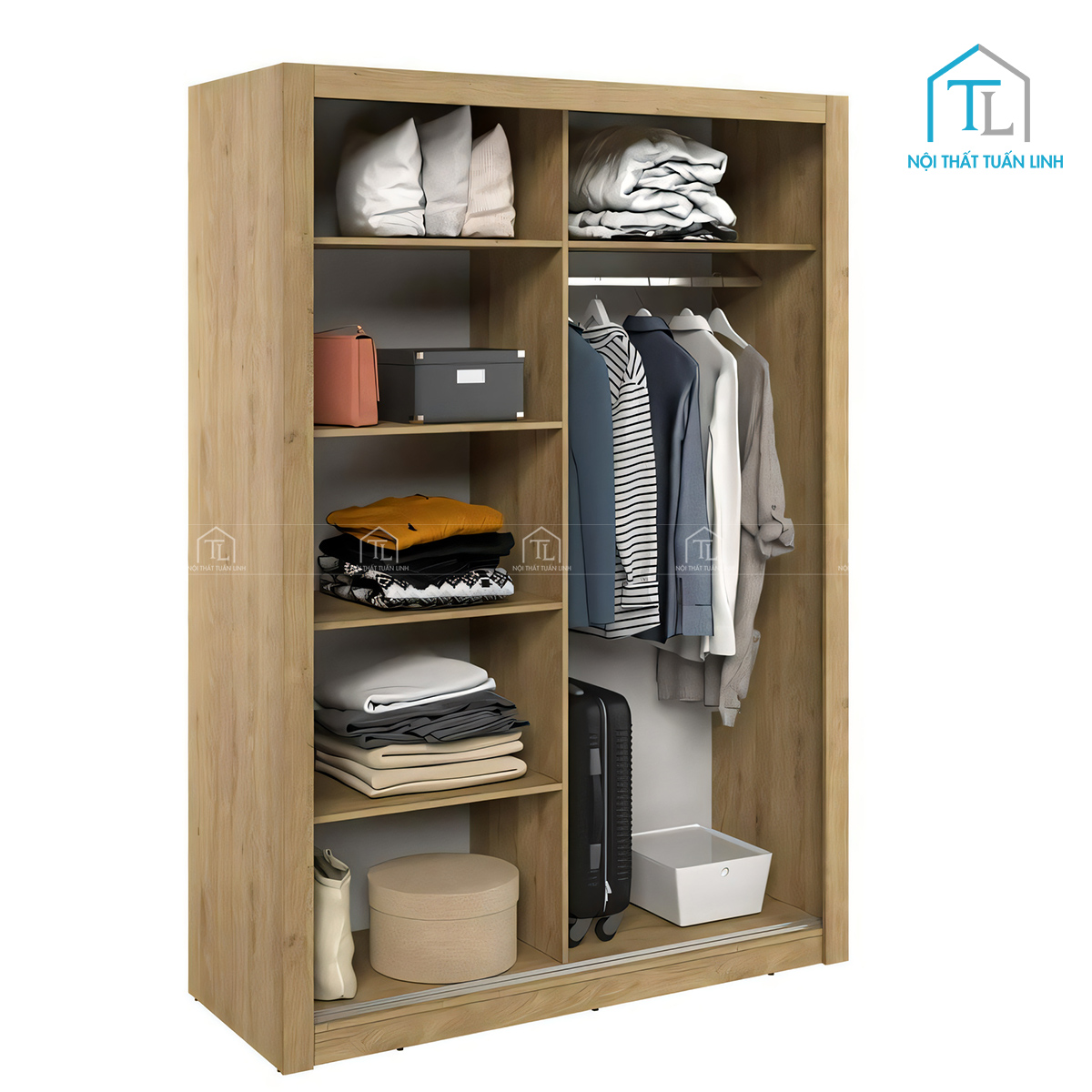 Tủ quần áo cửa lùa gỗ MDF vân gỗ sồi tích hợp gương hiện đại