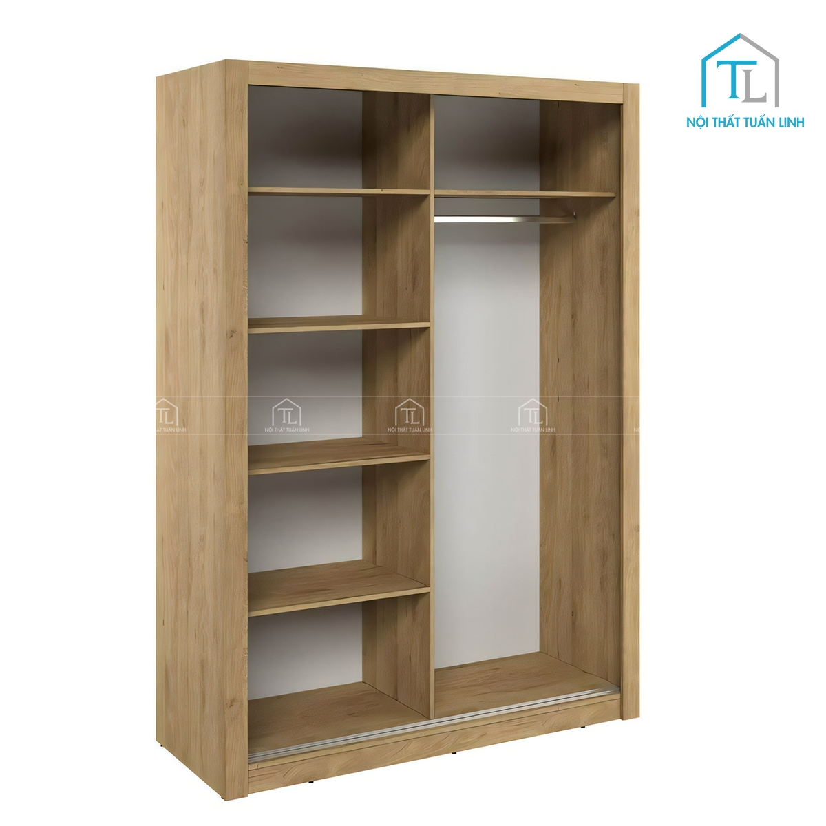 Tủ quần áo cửa lùa gỗ MDF vân gỗ sồi tích hợp gương hiện đại