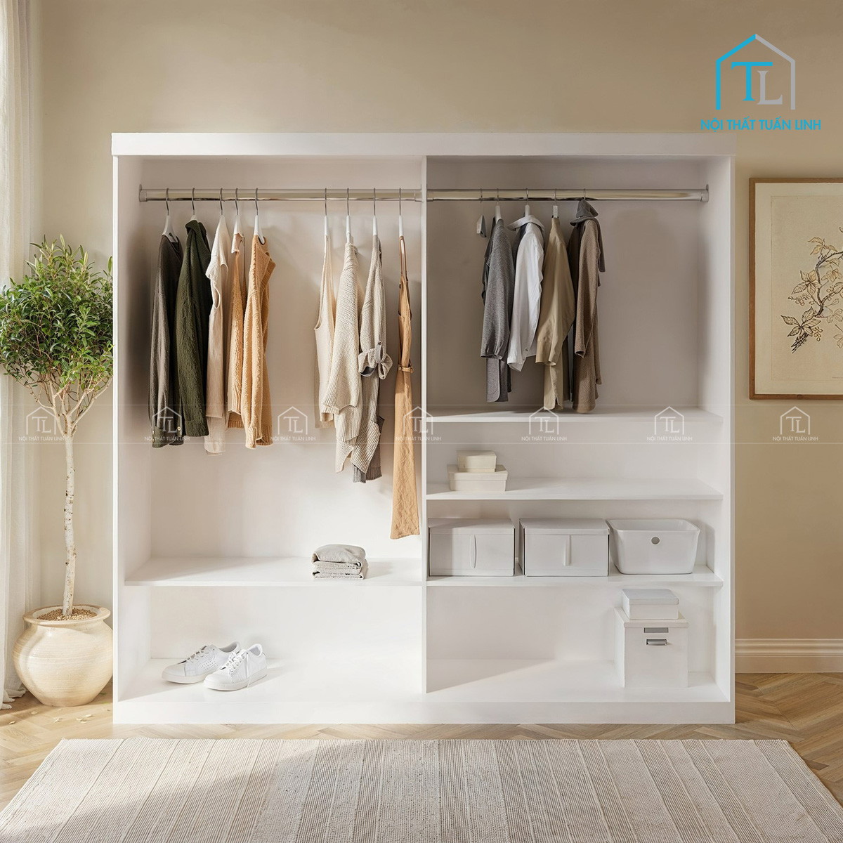 Tủ quần áo cửa lùa màu trắng 2 cánh gương hiện đại