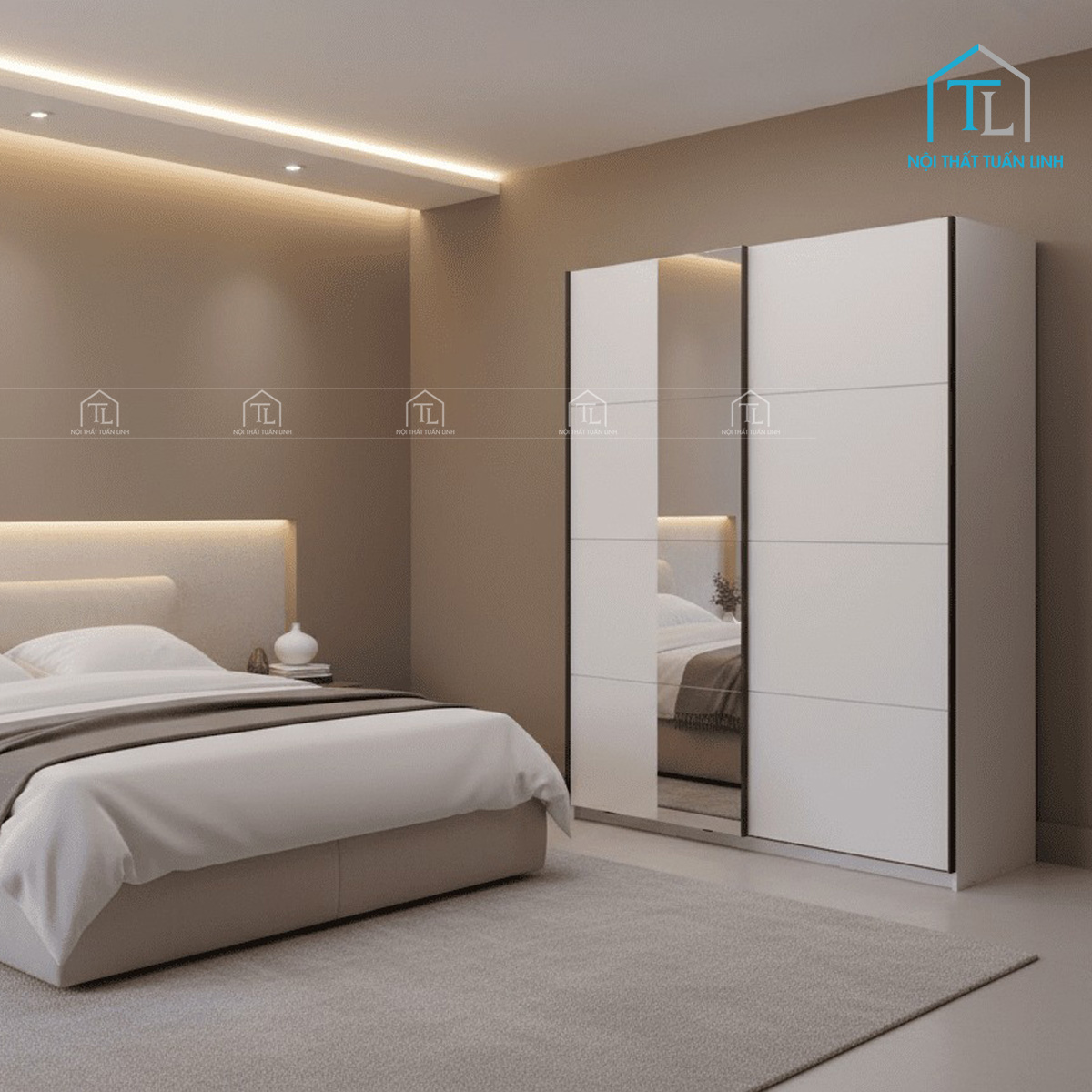Tủ quần áo cửa lùa gương gỗ MDF màu trắng hiện đại 2 cánh