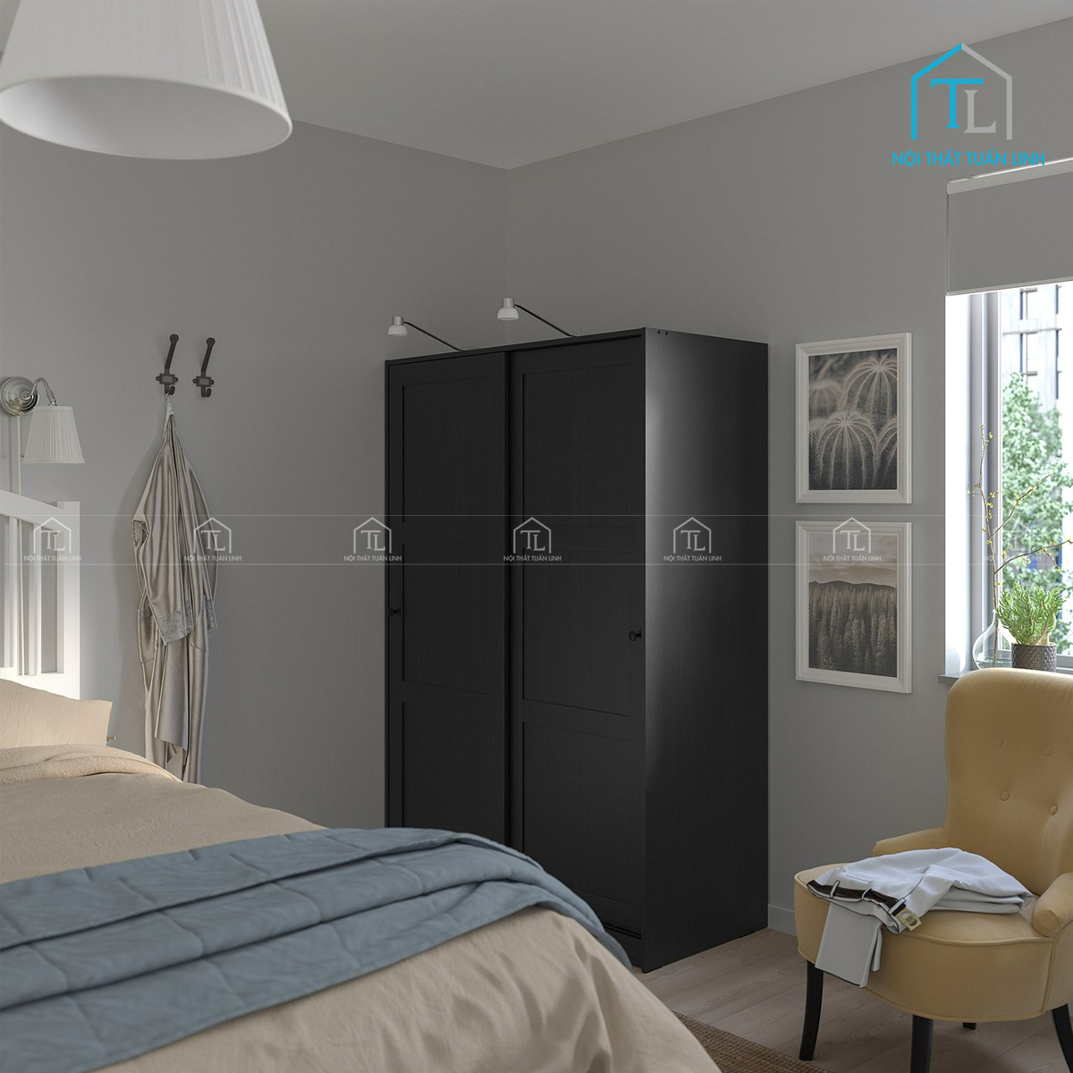 Tủ quần áo cửa lùa màu đen vân gỗ MDF thiết kế gọn gàng hiện đại
