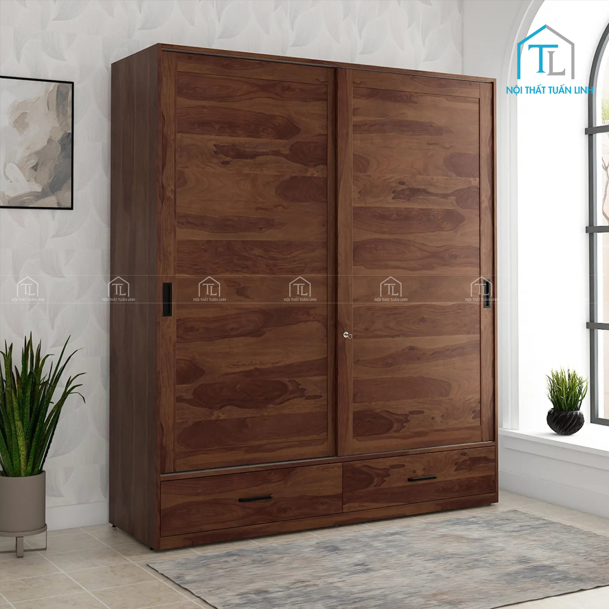 Tủ quần áo cửa lùa màu nâu đen sang trọng và tiện nghi