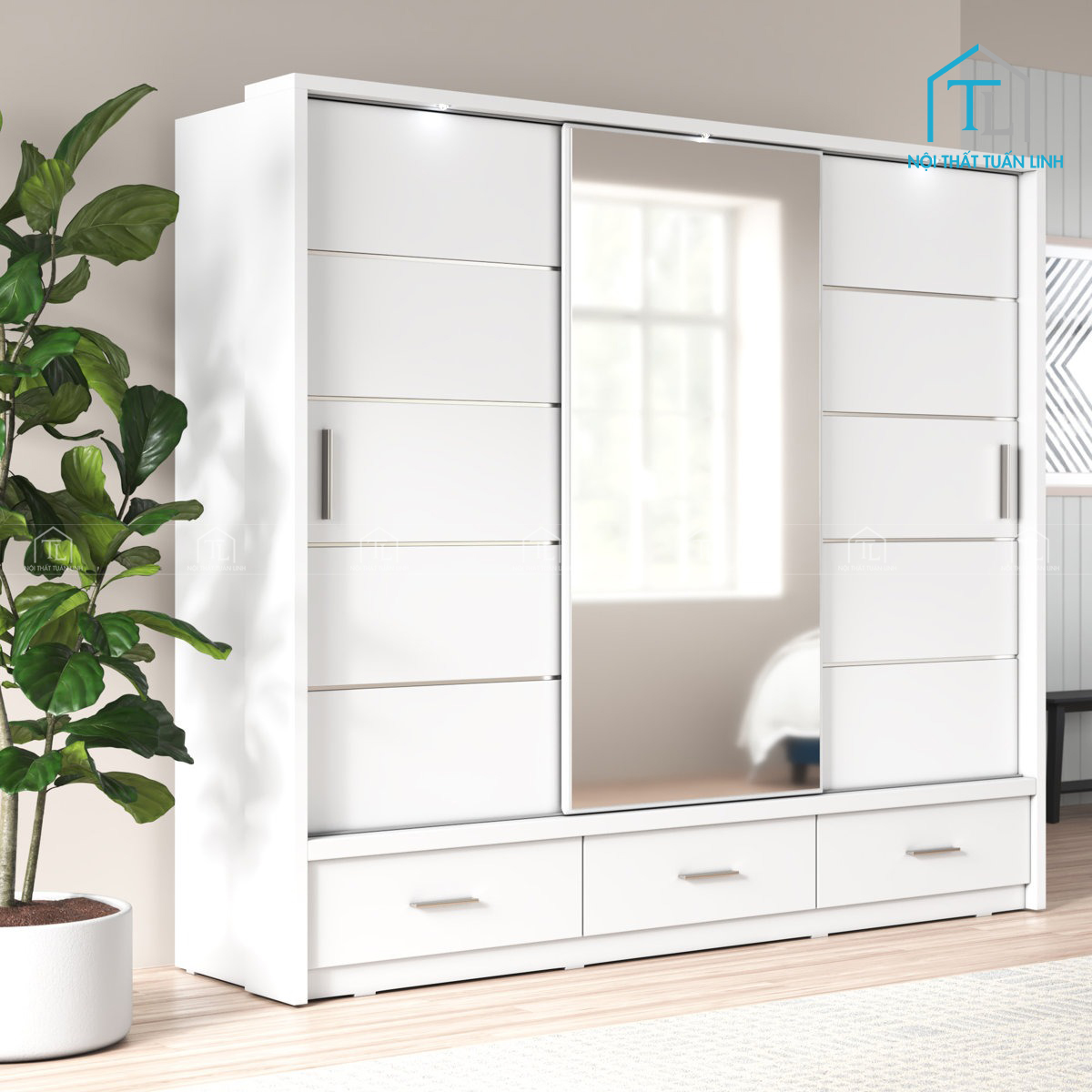 Tủ quần áo cửa lùa  màu trắng tích hợp gương soi hiện đại