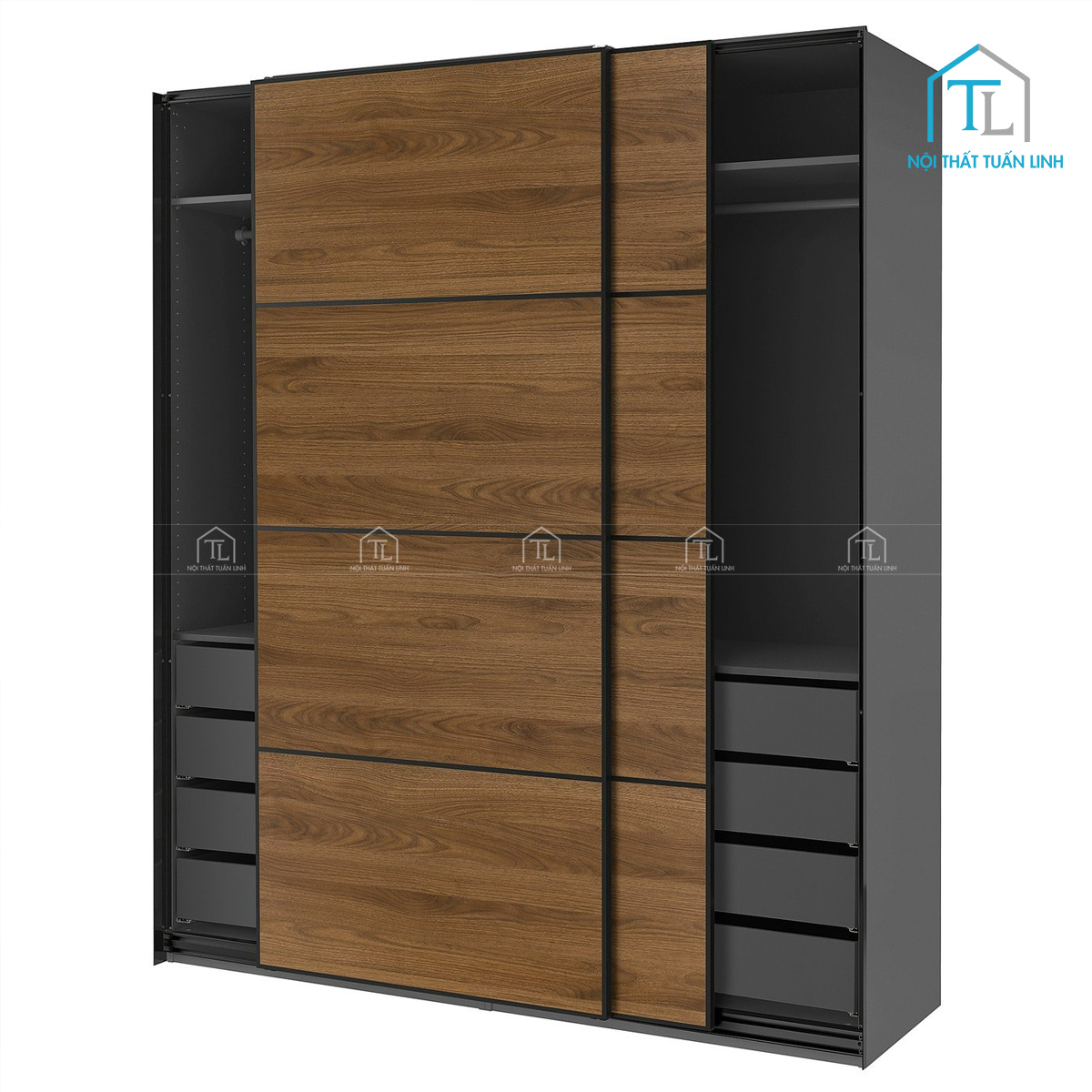Tủ quần áo cửa lùa vân gỗ óc chó hai cánh gỗ MDF hiện đại