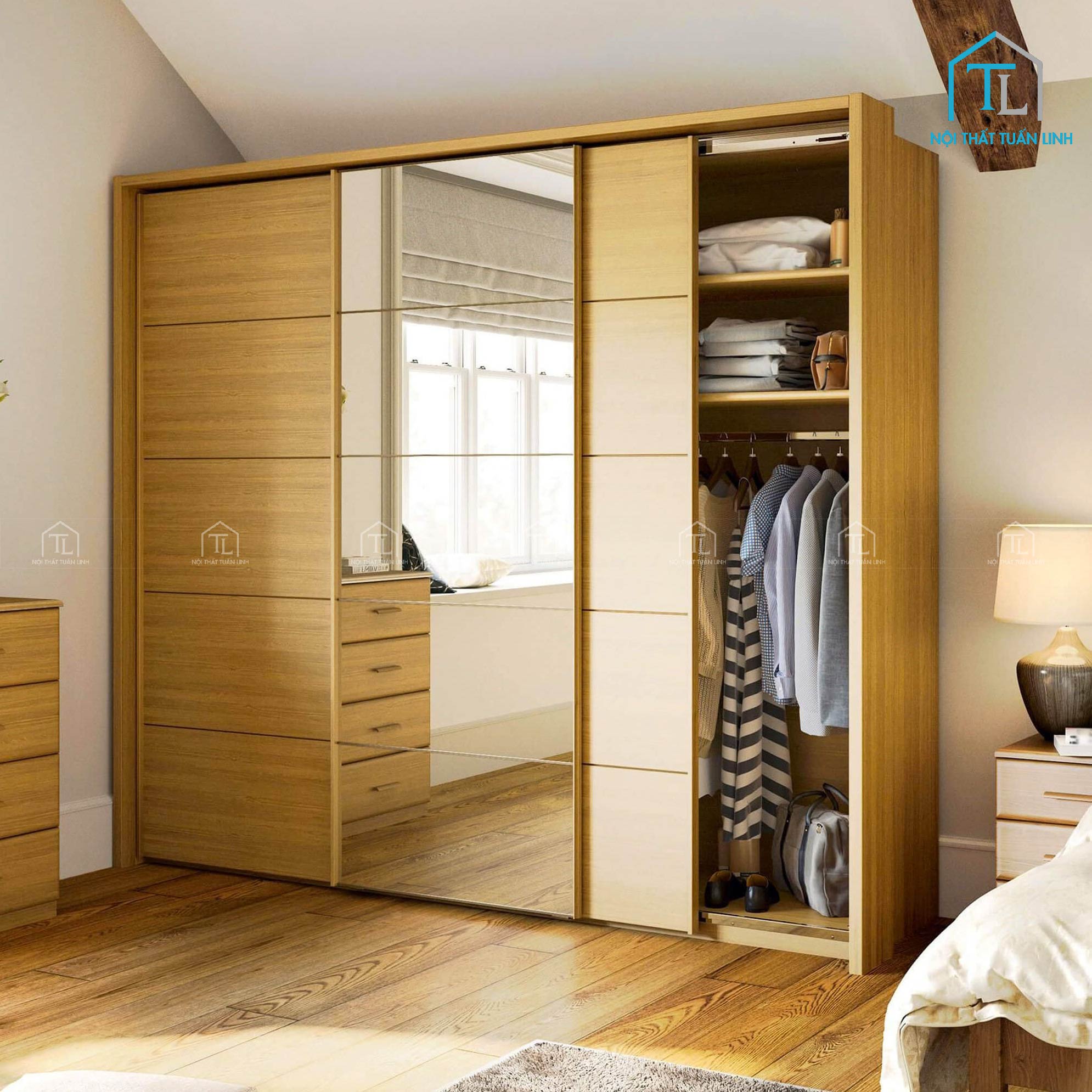 Tủ quần áo cửa lùa MDF màu vàng hiện đại