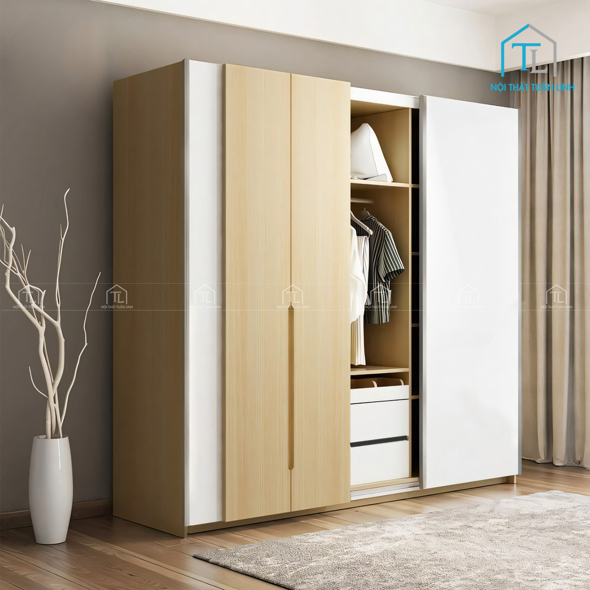Tủ quần áo cửa lùa MDF vân gỗ phong cách Bắc Âu