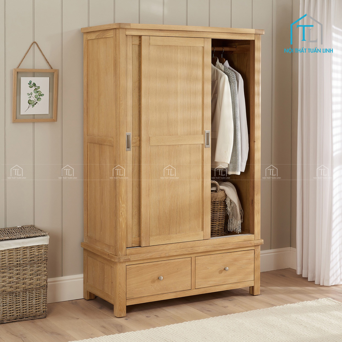 Tủ quần áo cửa lùa MDF vân gỗ sồi hiện đại 2 cánh kèm 2 ngăn kéo