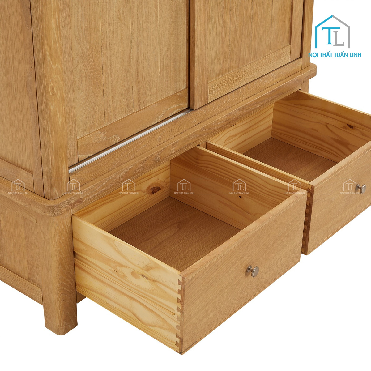 Tủ quần áo cửa lùa MDF vân gỗ sồi hiện đại 2 cánh kèm 2 ngăn kéo