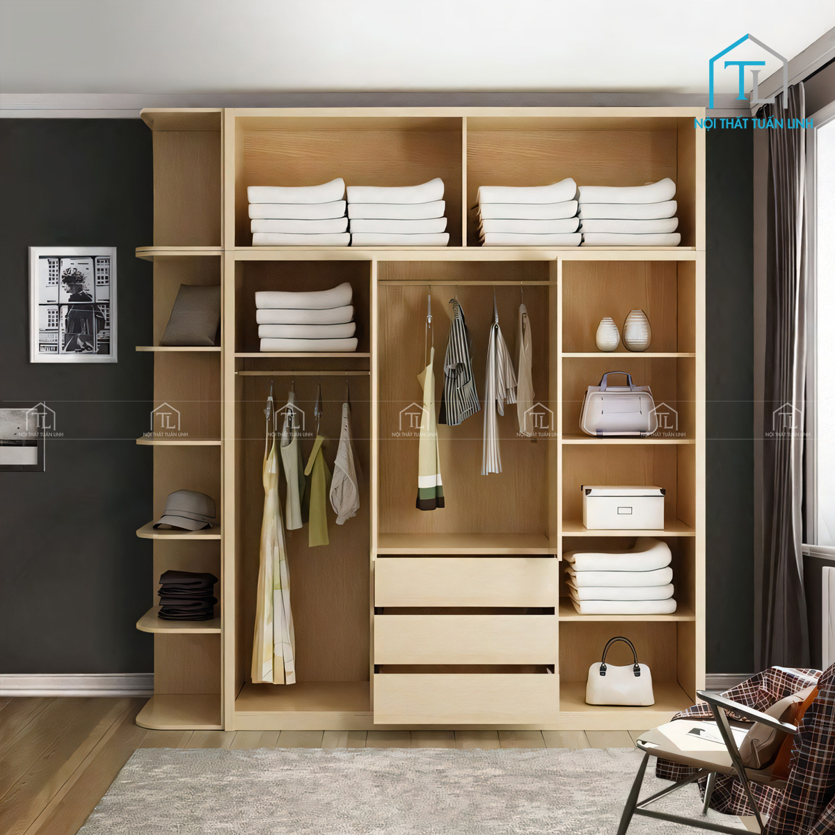 Tủ quần áo cửa lùa phong cách hiện đại gỗ công nghiệp thiết kế vân gỗ