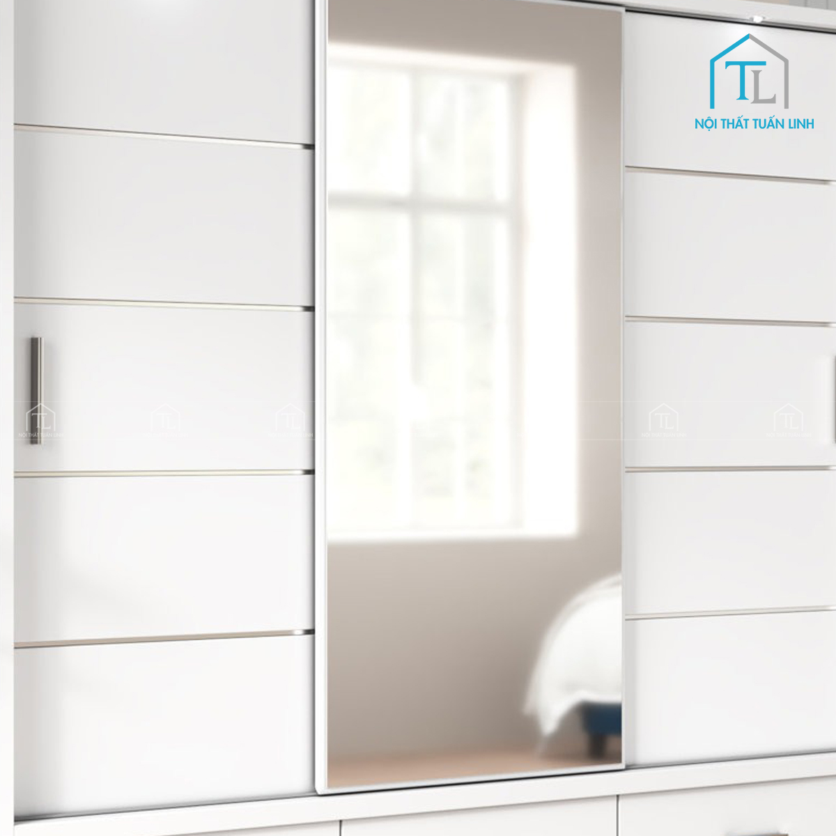Tủ quần áo cửa lùa  màu trắng tích hợp gương soi hiện đại