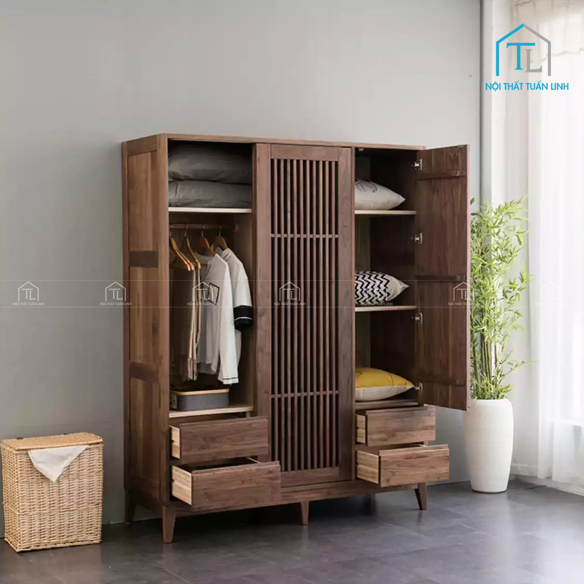 Tủ quần áo cửa lùa gỗ óc chó tự nhiên cao cấp