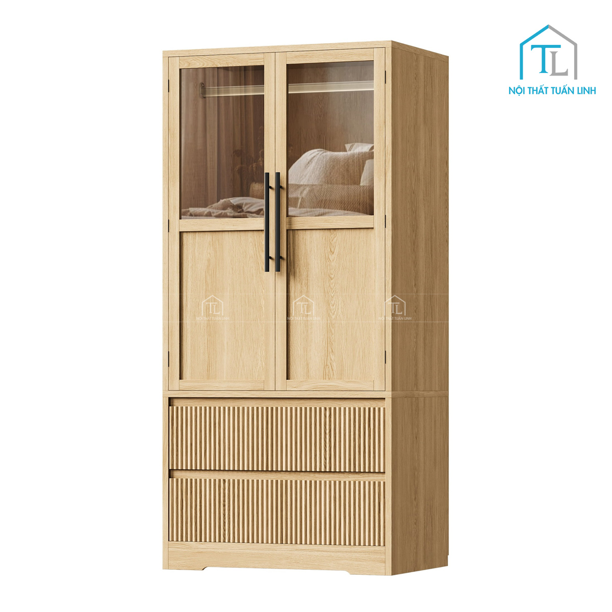 Tủ quần áo đứng MDF 2 cánh có ngăn kéo, thanh treo & kệ lưu trữ