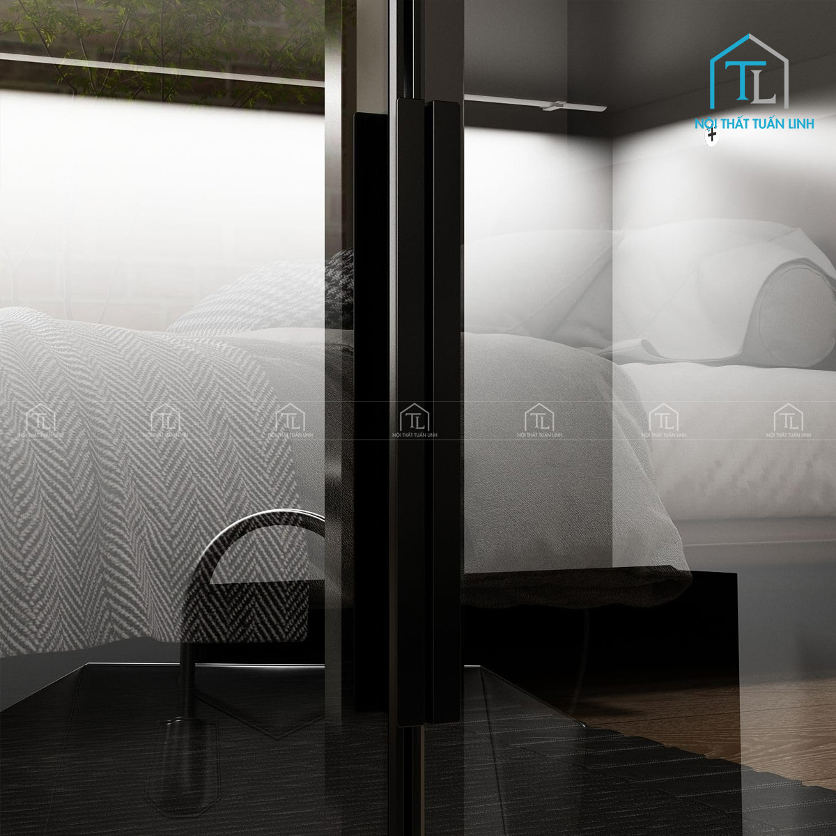 Tủ quần áo gỗ công nghiệp màu đen cánh kính hiện đại