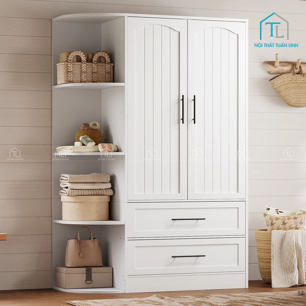 Tủ quần áo gỗ MDF 2 cánh kèm 2 ngăn kéo thiết kế hiện đại