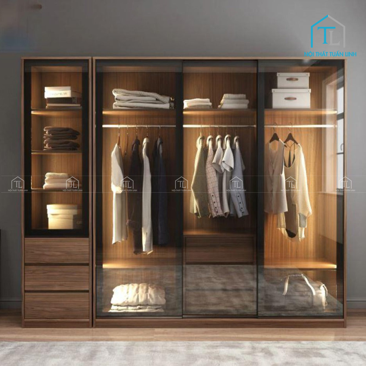 Tủ quần áo gỗ MDF cánh kính trượt thiết kế thanh lịch