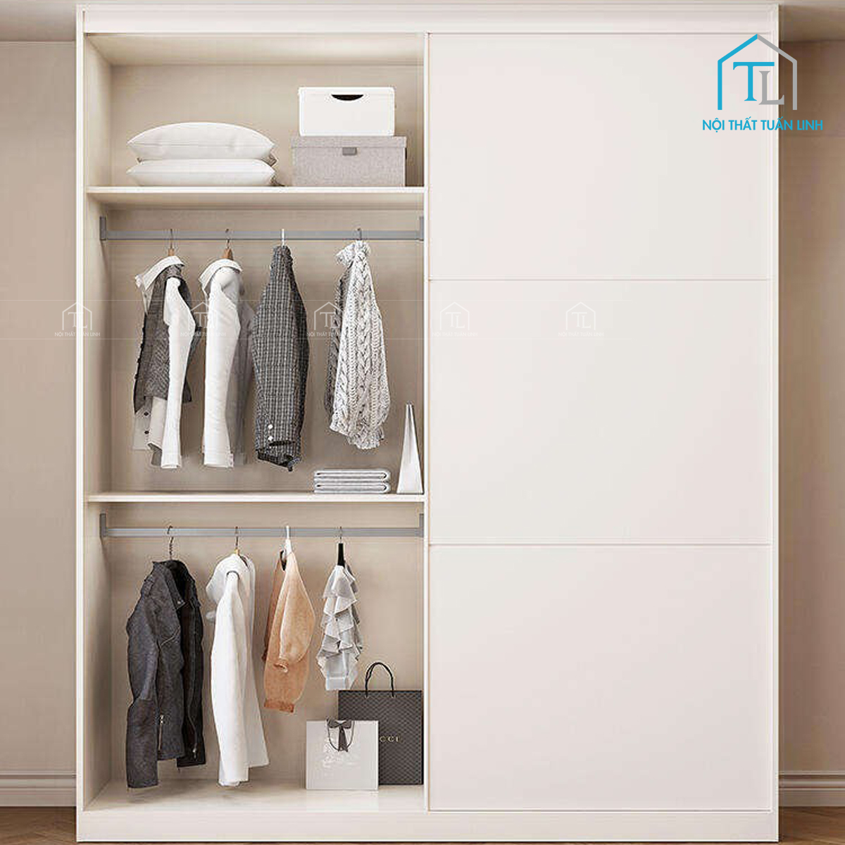 Tủ quần áo gỗ MDF cửa lùa hiện đại gam màu trắng