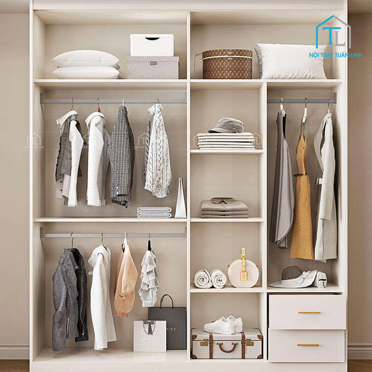 Tủ quần áo gỗ MDF cửa lùa hiện đại gam màu trắng