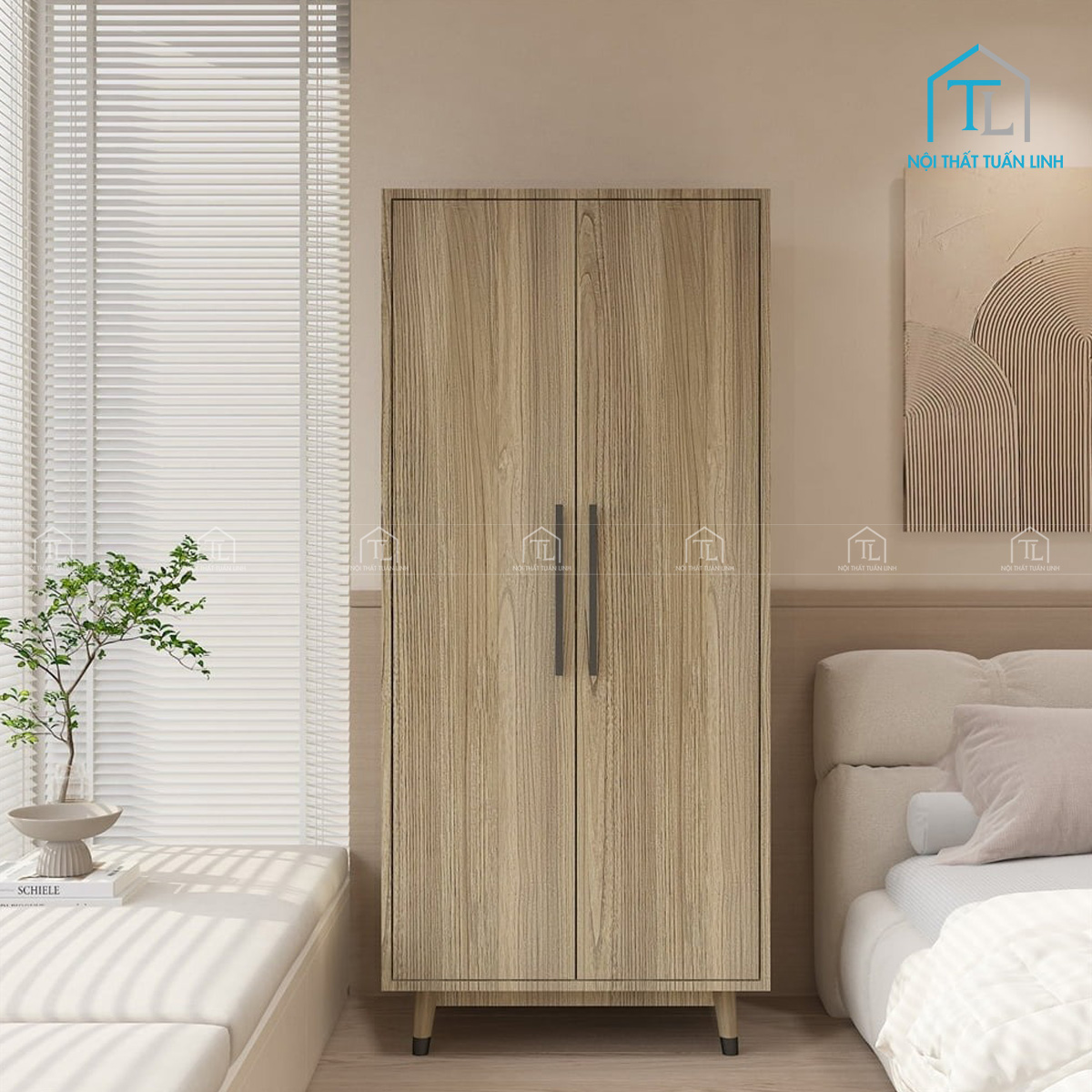 Tủ quần áo gỗ MDF màu vân gỗ tự nhiên 2 cánh thiết kế cao gọn