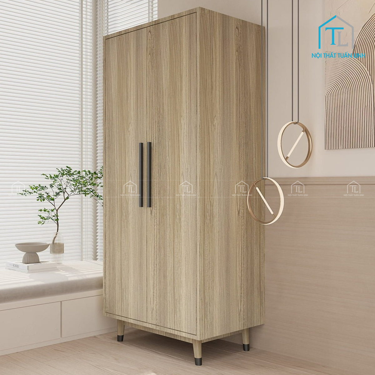 Tủ quần áo gỗ MDF màu vân gỗ tự nhiên 2 cánh thiết kế cao gọn