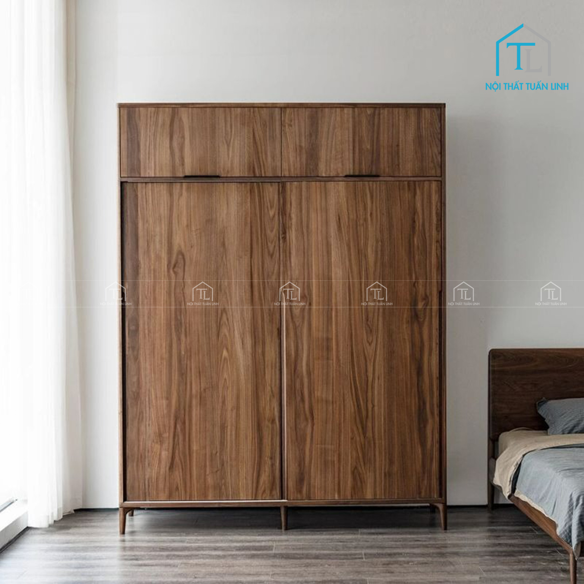 Tủ quần áo gỗ óc chó tự nhiên cánh lùa hiện đại tối ưu không gian