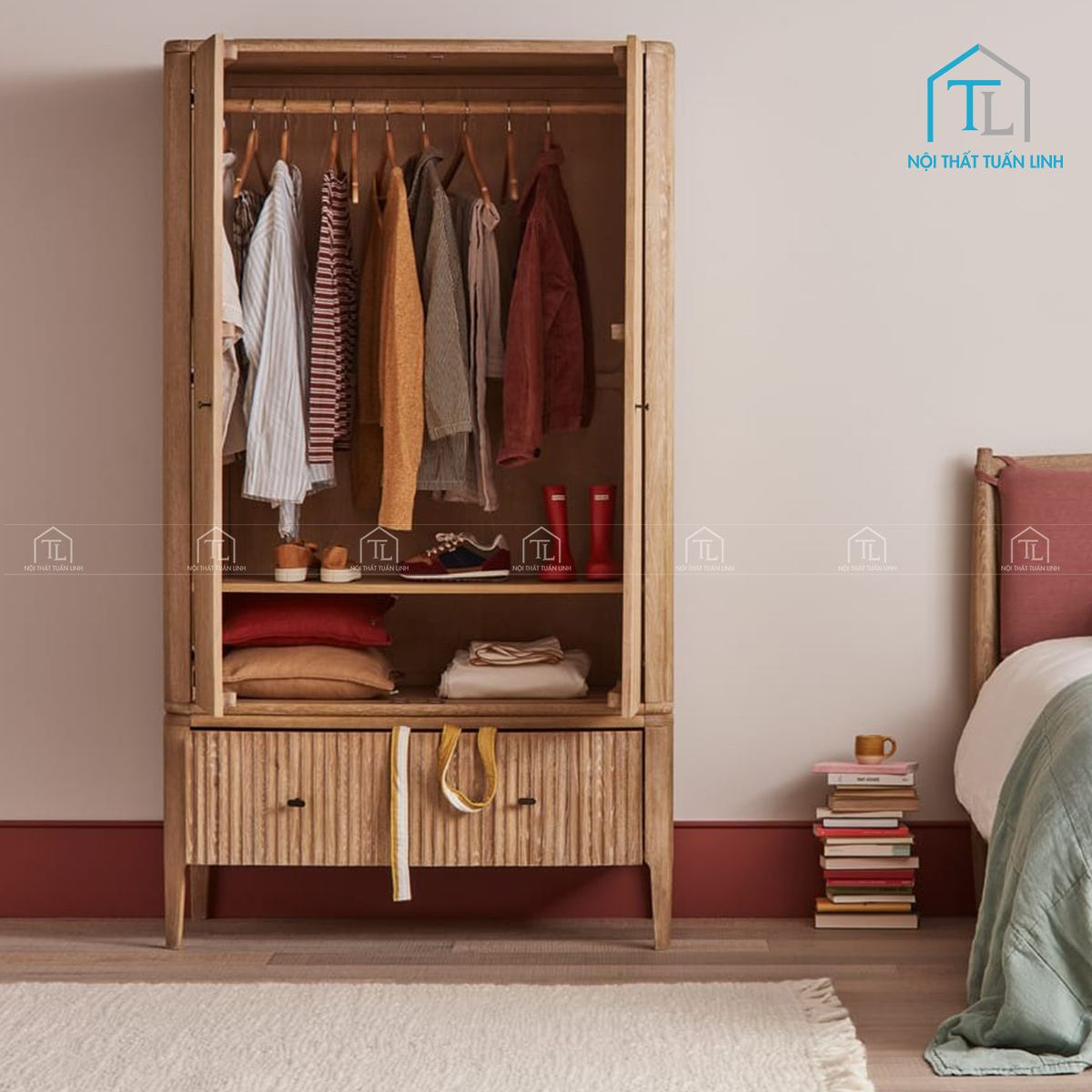 Tủ quần áo gỗ sồi phong cách cổ điển thiết kế thanh lịch