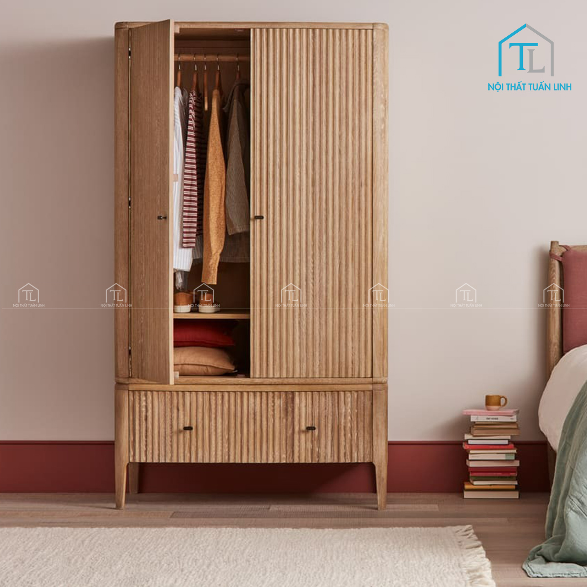Tủ quần áo gỗ sồi phong cách cổ điển thiết kế thanh lịch