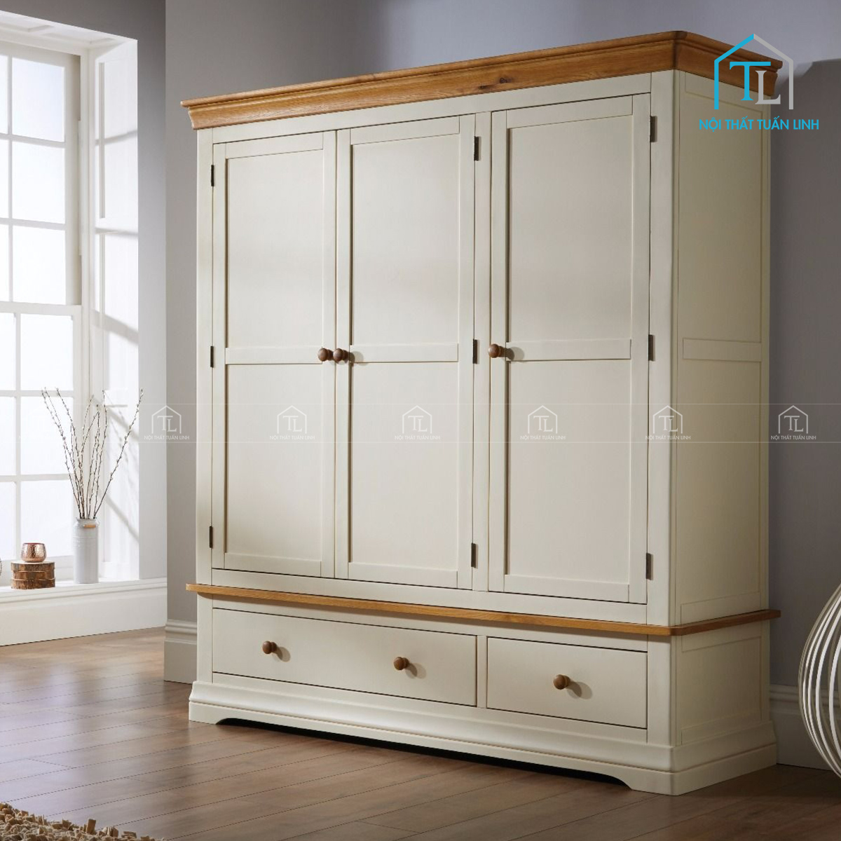 Tủ quần áo gỗ sồi sơn kem 3 cánh sang trọng