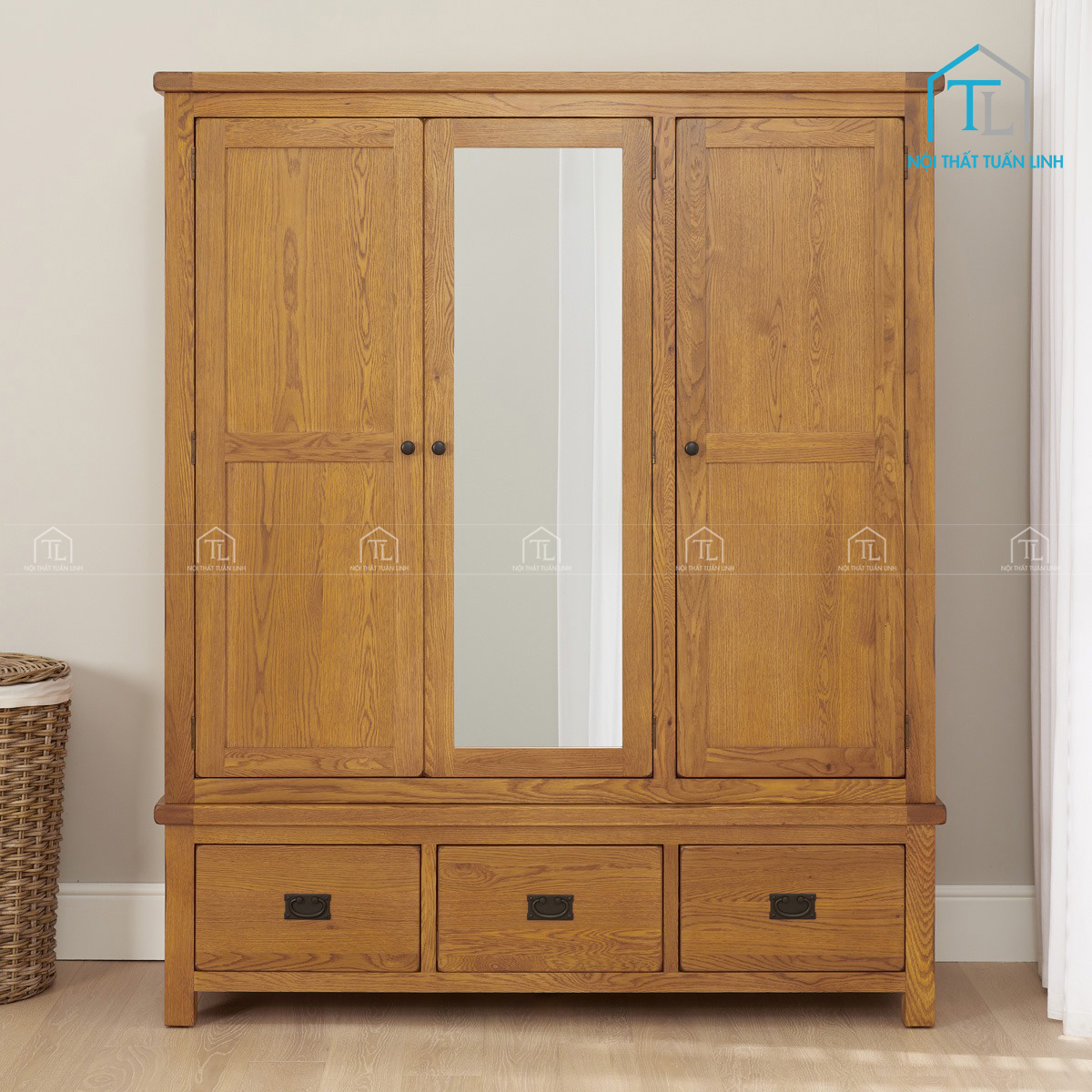 Tủ quần áo gỗ sồi tự nhiên 3 cánh có gương soi