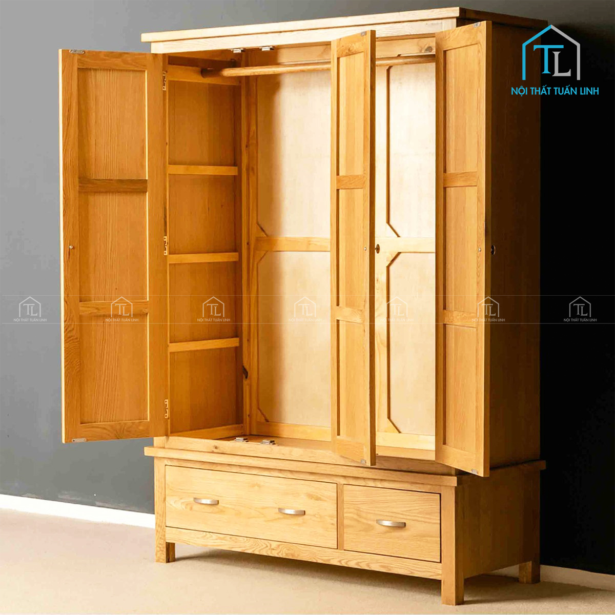 Tủ quần áo gỗ sồi tự nhiên 3 cánh kèm ngăn kéo tiện nghi