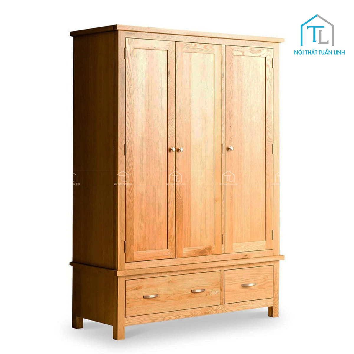 Tủ quần áo gỗ sồi tự nhiên 3 cánh kèm ngăn kéo tiện nghi