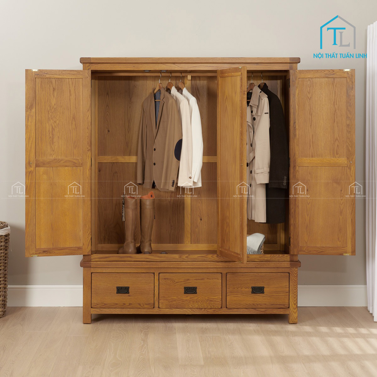 Tủ quần áo gỗ sồi tự nhiên 3 cánh có gương soi