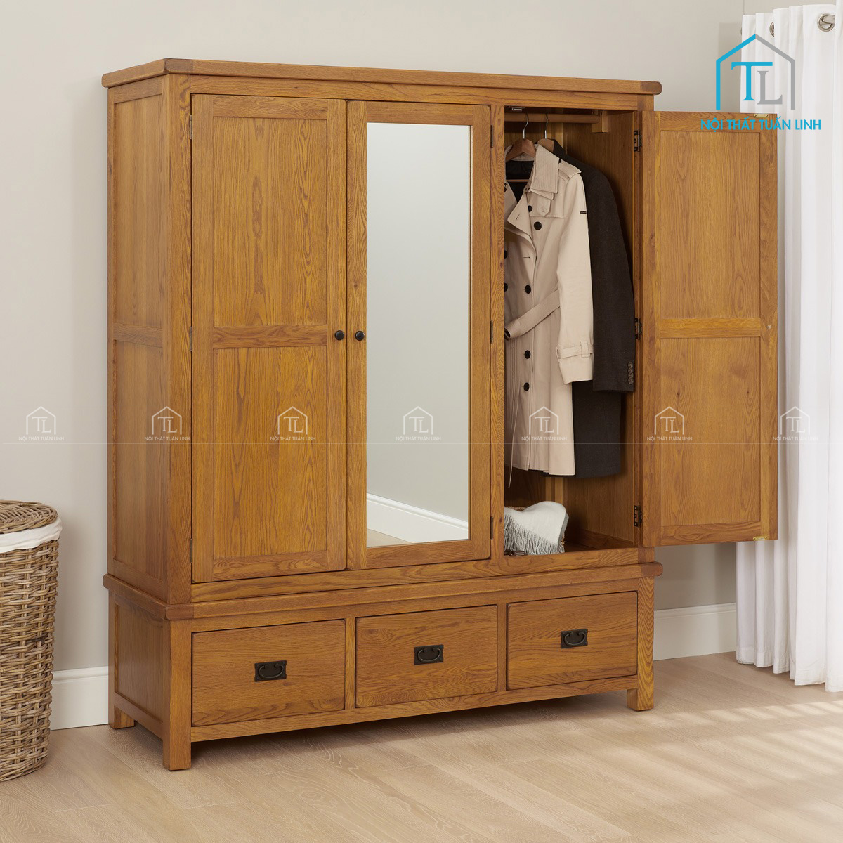 Tủ quần áo gỗ sồi tự nhiên 3 cánh có gương soi