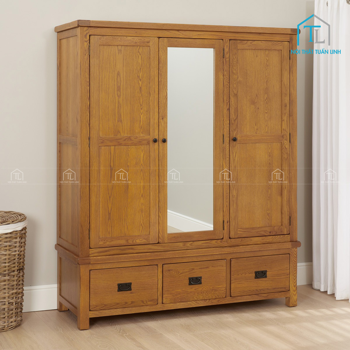 Tủ quần áo gỗ sồi tự nhiên 3 cánh có gương soi