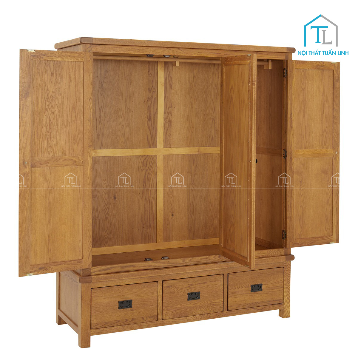 Tủ quần áo gỗ sồi tự nhiên 3 cánh có gương soi