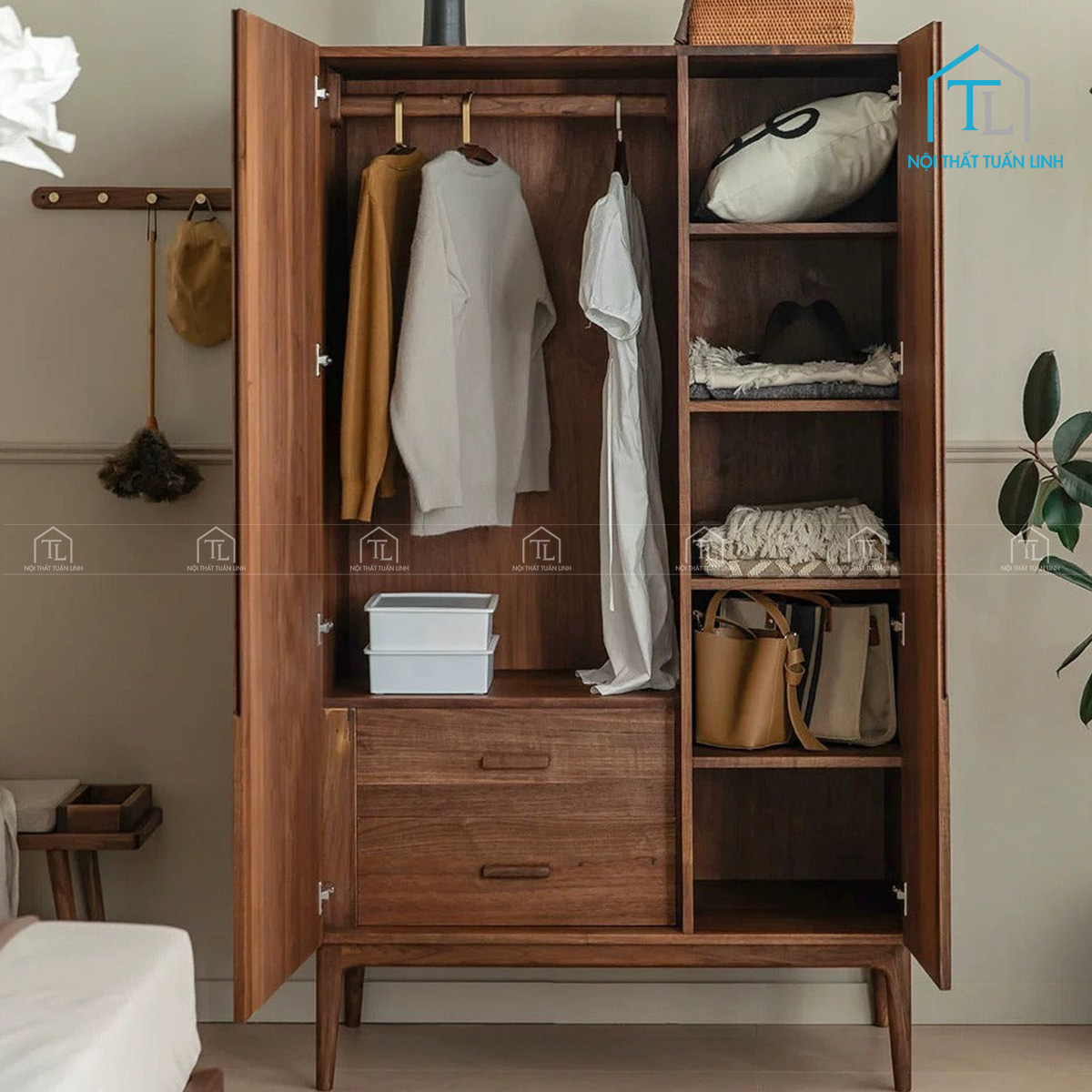 Tủ quần áo gỗ tự nhiên óc chó 2 cánh cao cấp