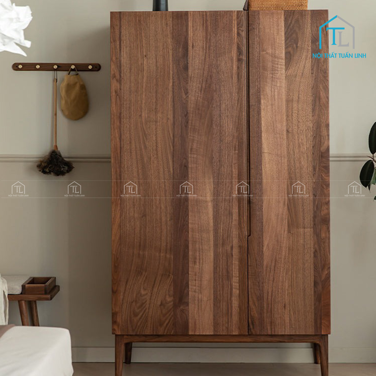 Tủ quần áo gỗ tự nhiên óc chó 2 cánh cao cấp