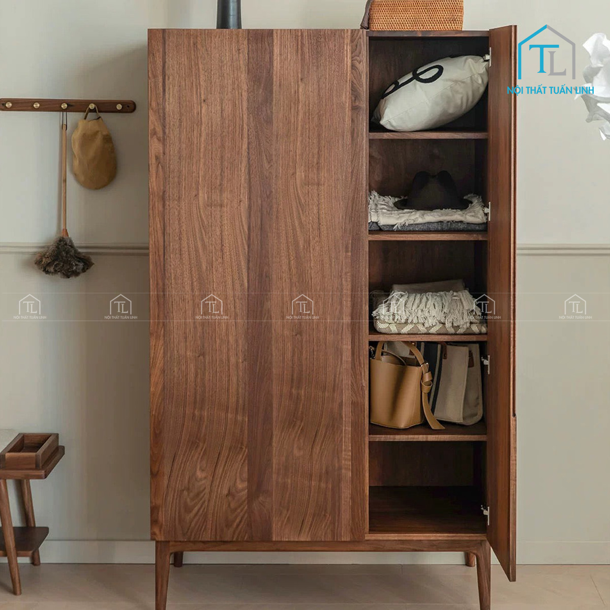 Tủ quần áo gỗ tự nhiên óc chó 2 cánh cao cấp
