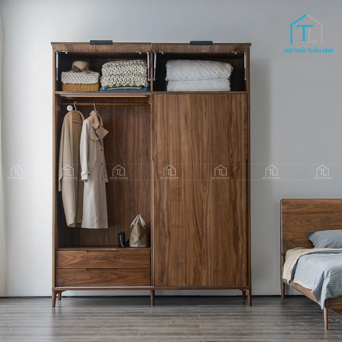 Tủ quần áo gỗ óc chó tự nhiên cánh lùa hiện đại tối ưu không gian