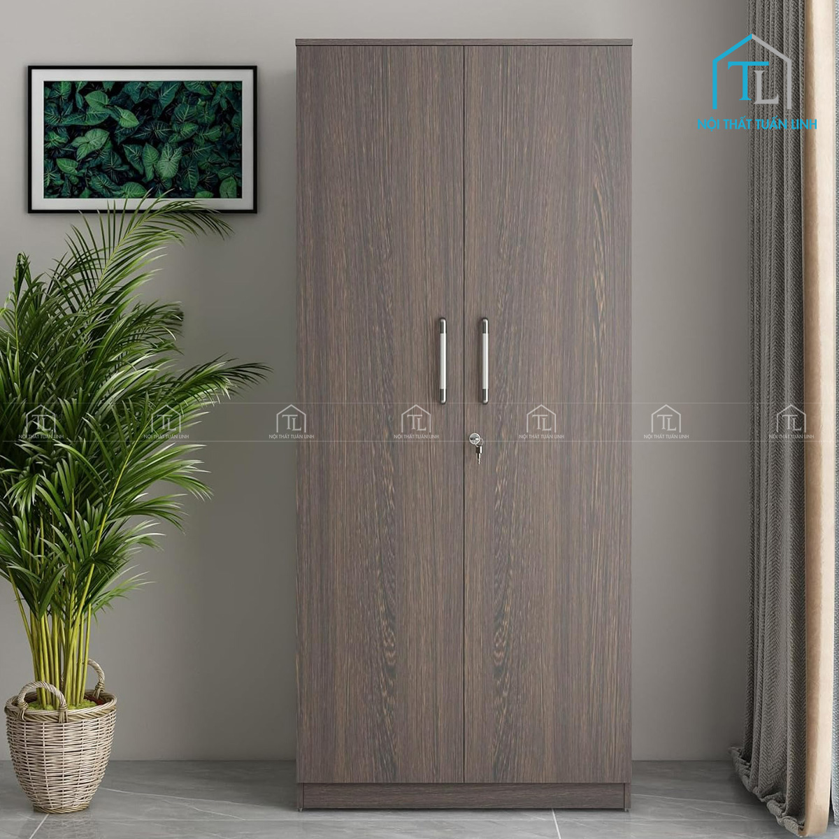 Tủ quần áo MDF 2 cánh vân gỗ, thiết kế gọn gàng