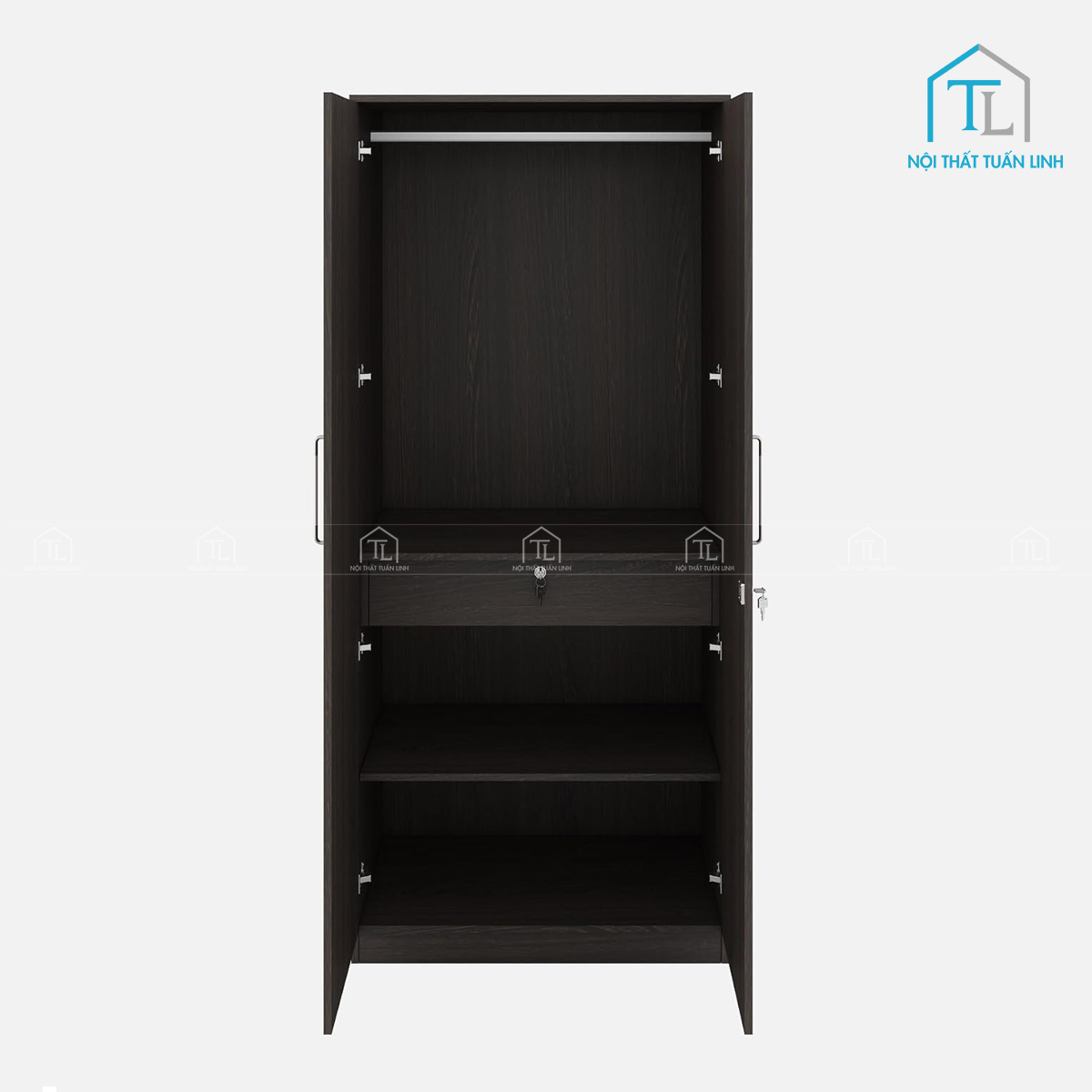 Tủ quần áo MDF 2 cánh vân gỗ, thiết kế gọn gàng